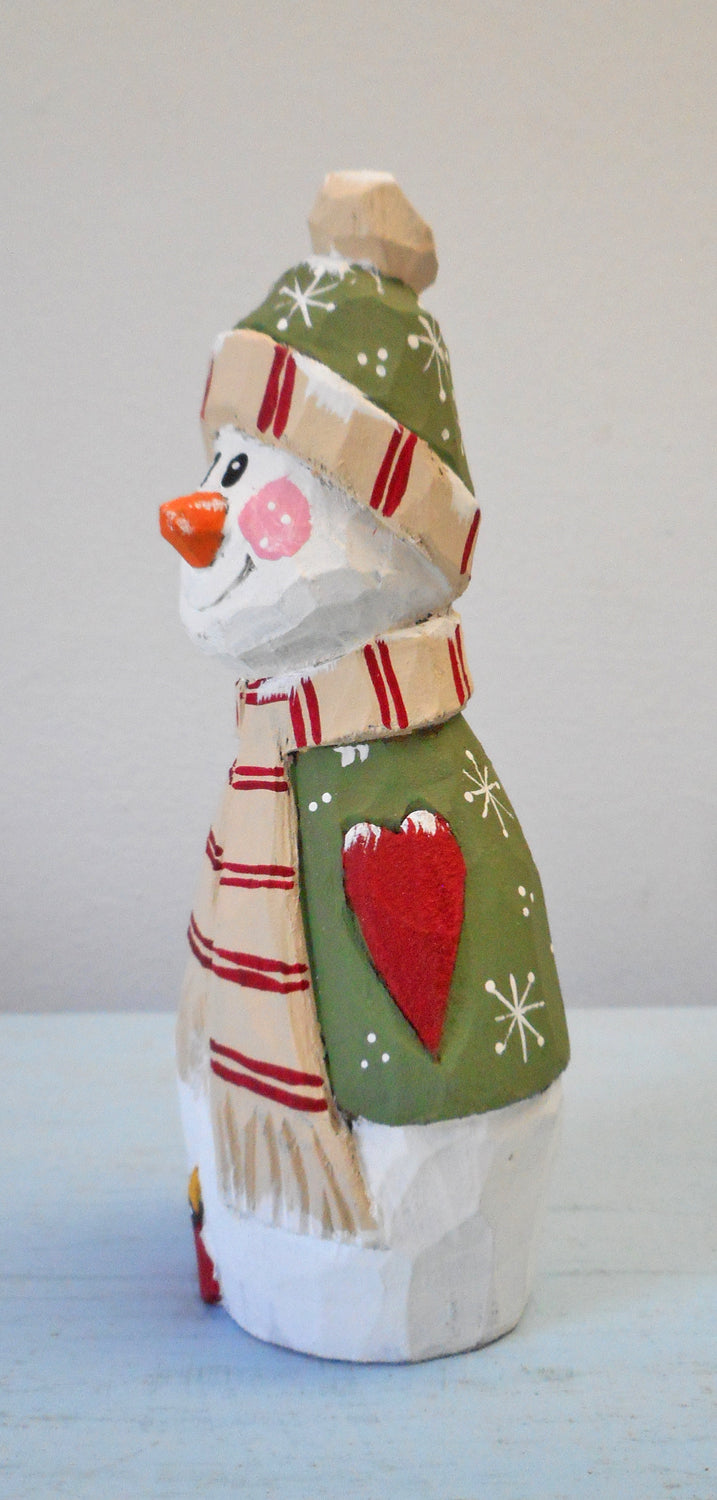 Wooden Snowman with heart and Cardinal decoration