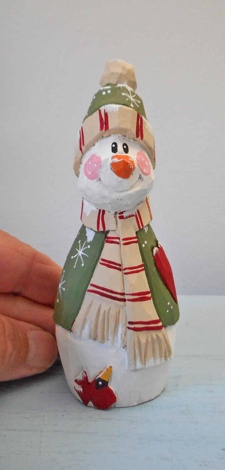 Wooden Snowman with heart and Cardinal decoration