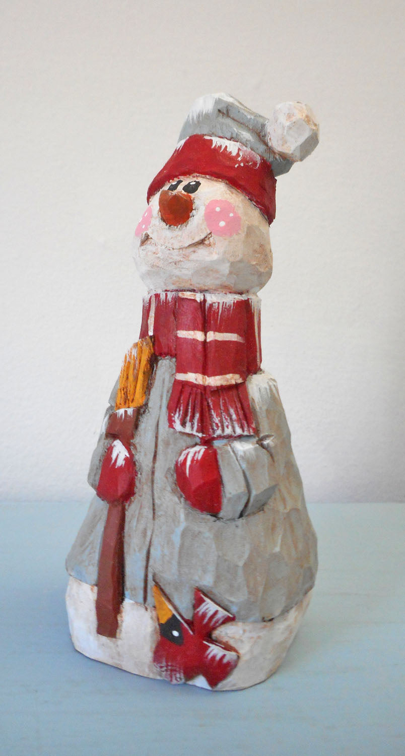 Wooden Snowman with heart and Cardinal decoration