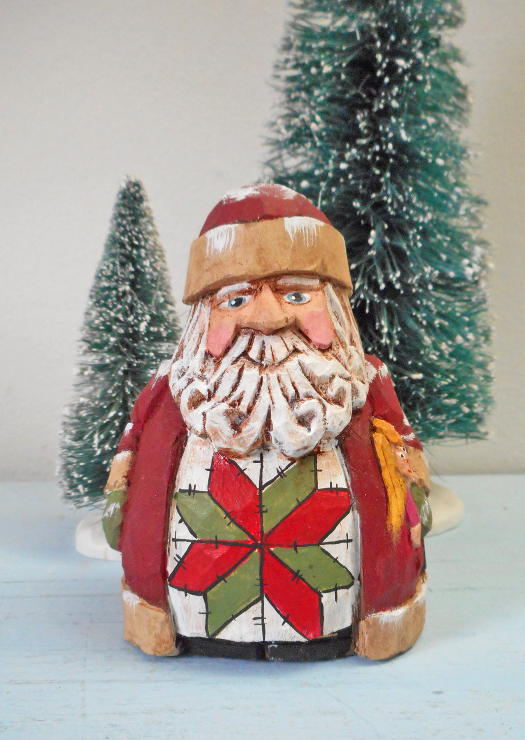Chubby Quilt Santa Claus Woodcarving with doll