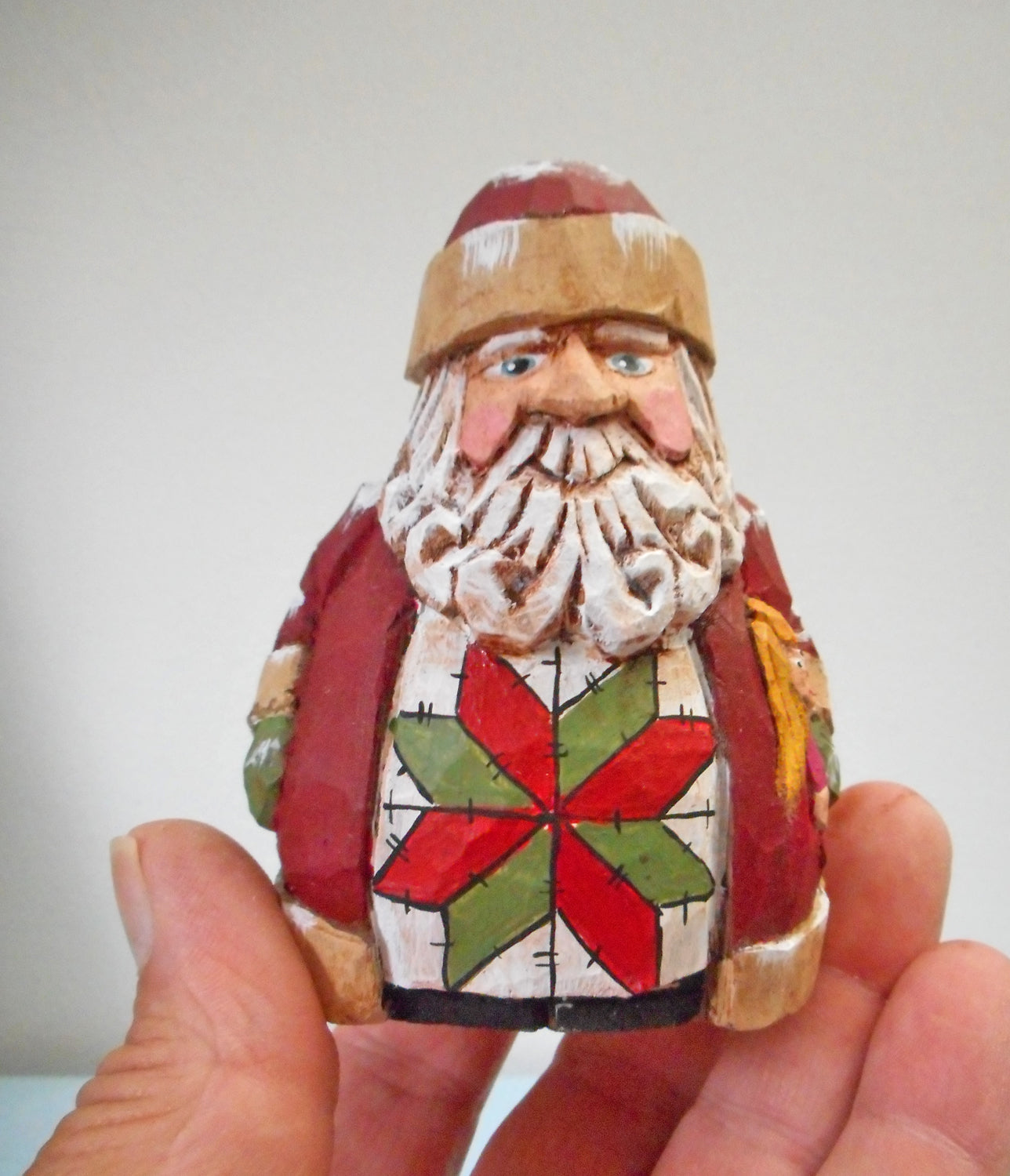 Chubby Quilt Santa Claus Woodcarving with doll
