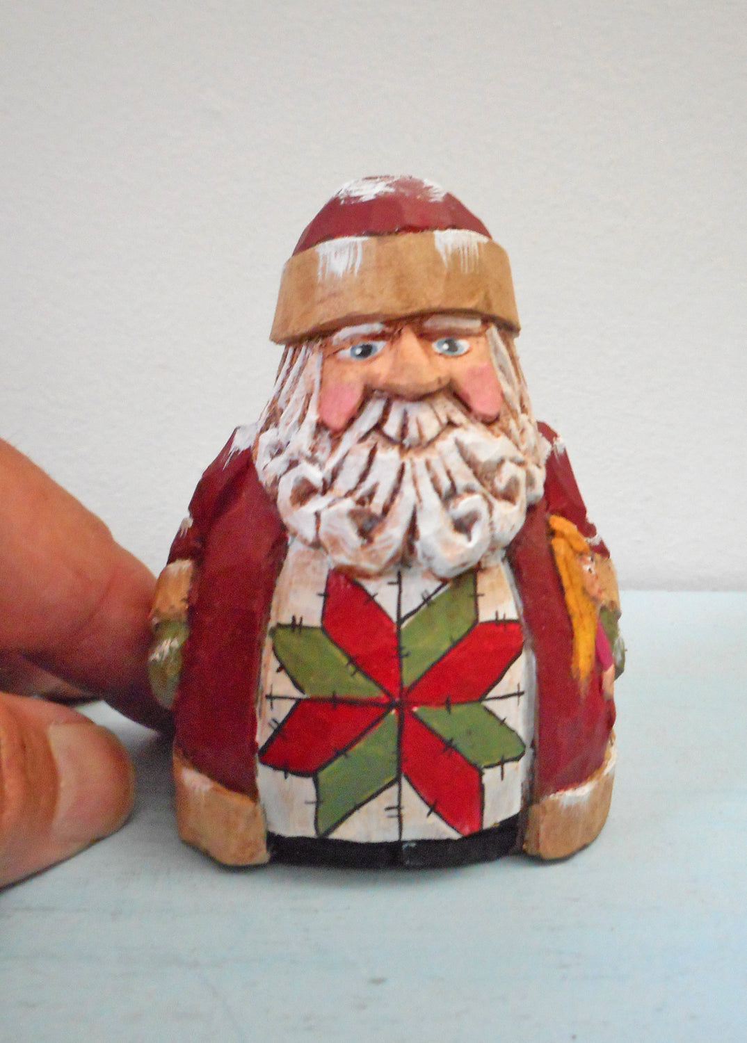 Chubby Quilt Santa Claus Woodcarving with doll