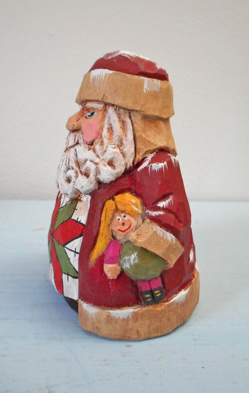 Chubby Quilt Santa Claus Woodcarving with doll
