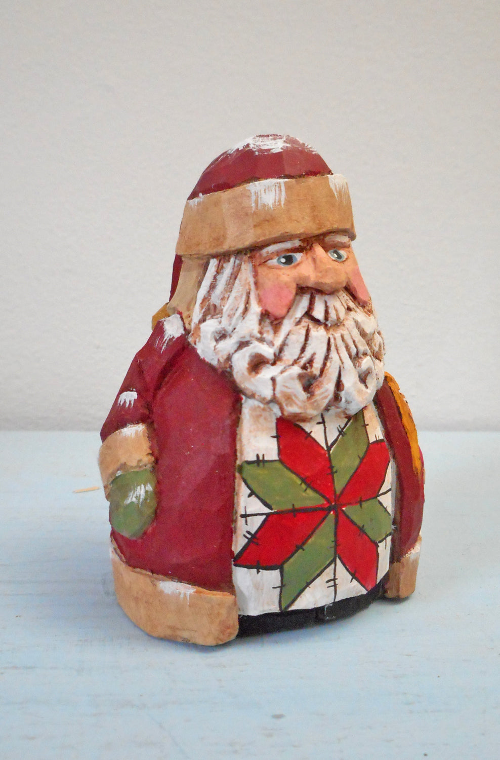 Chubby Quilt Santa Claus Woodcarving with doll
