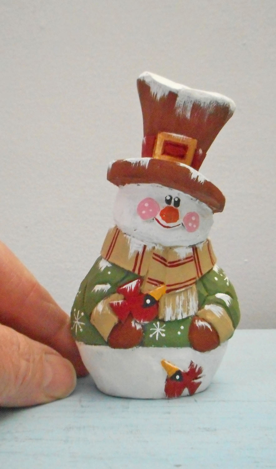Wooden Folk Art Snowman with Cardinals