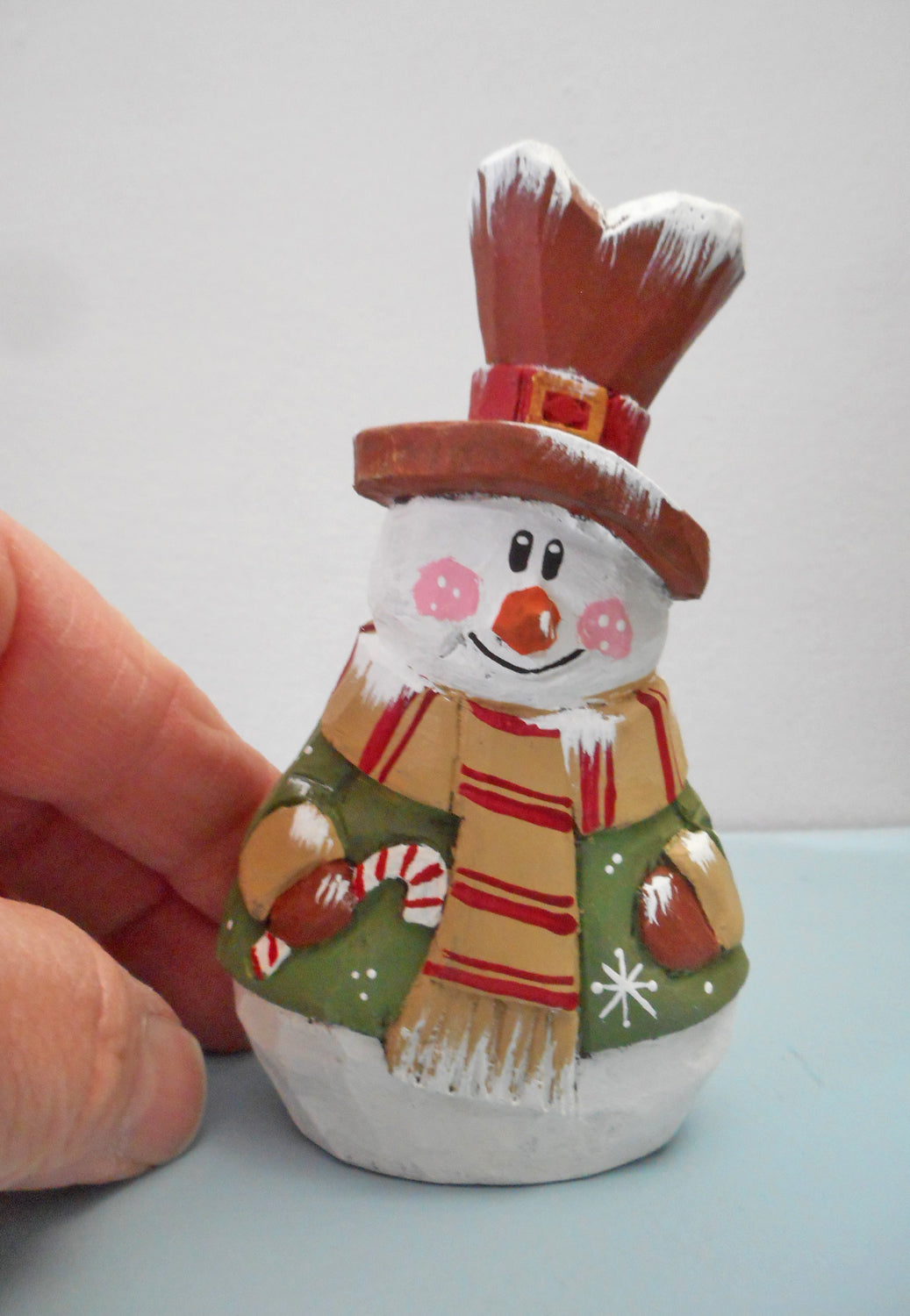 Wooden Folk Art Snowman with Candy cane