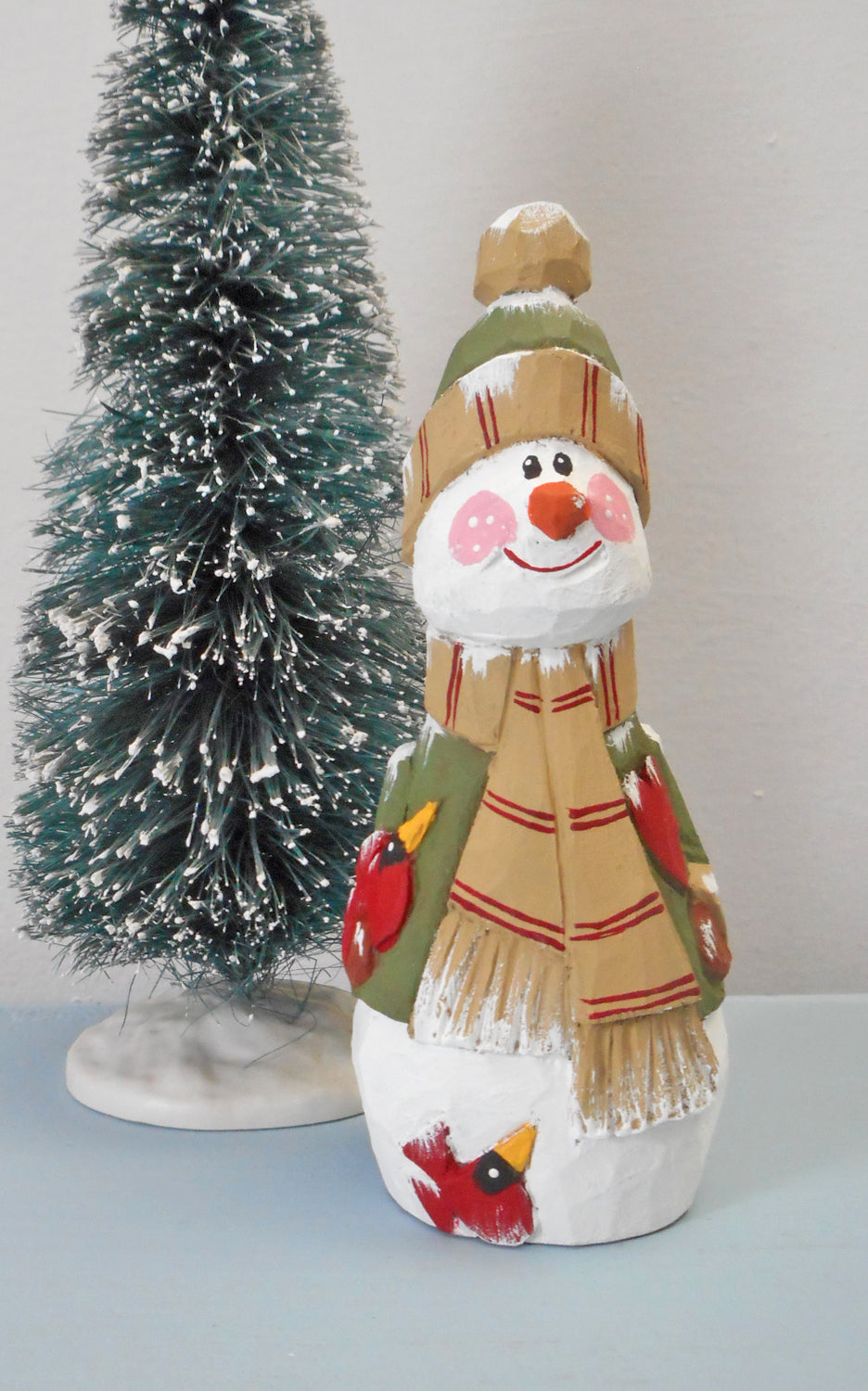 Wooden Snowman with Cardinal decoration – Robert Francis Art Studio