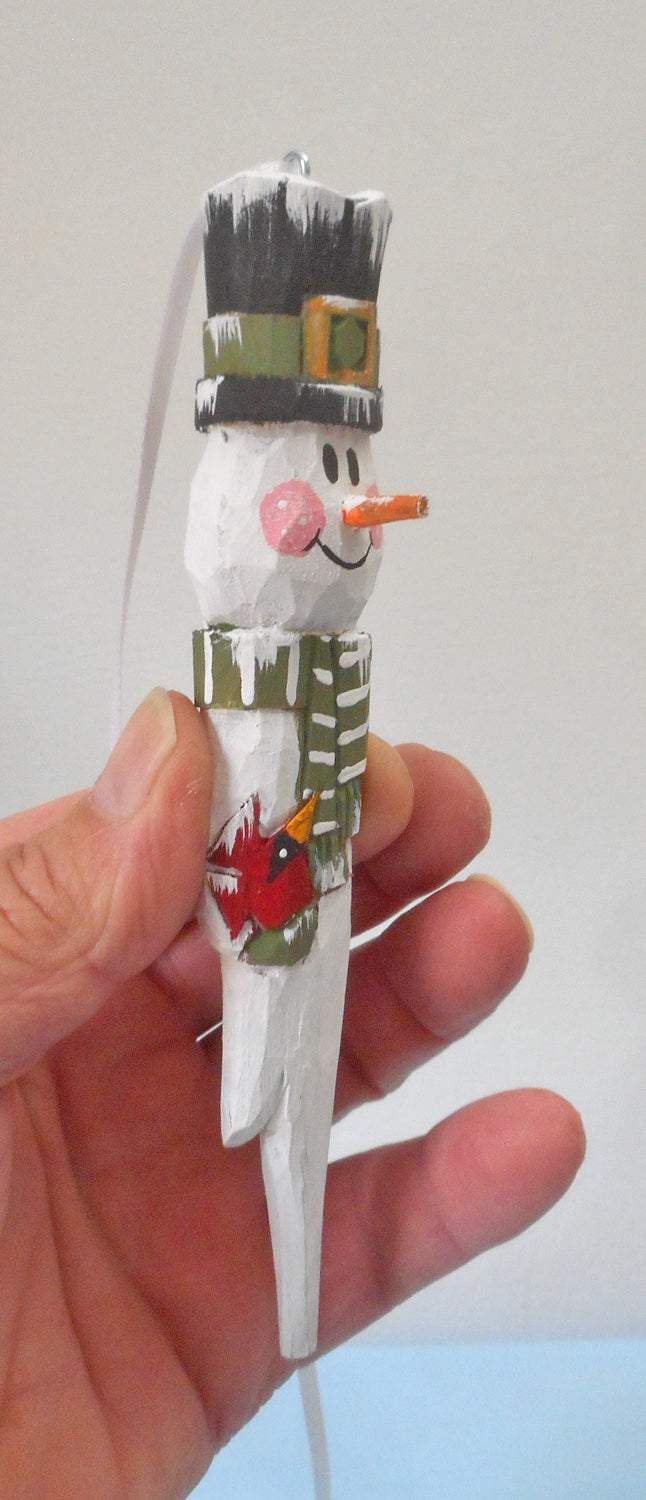 Hand Carved Snowman Folk Art Christmas Ornament