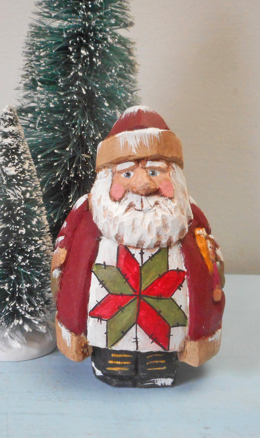 Chubby Quilt Santa Claus Woodcarving with doll