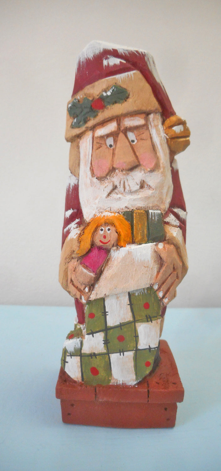 Santa Claus Wood Carving with Christmas Stocking
