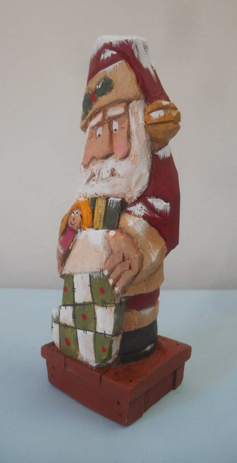 Santa Claus Wood Carving with Christmas Stocking