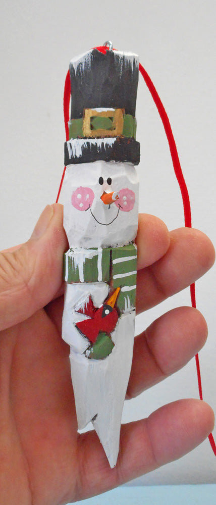 Hand Carved Snowman Folk Art Christmas Ornament