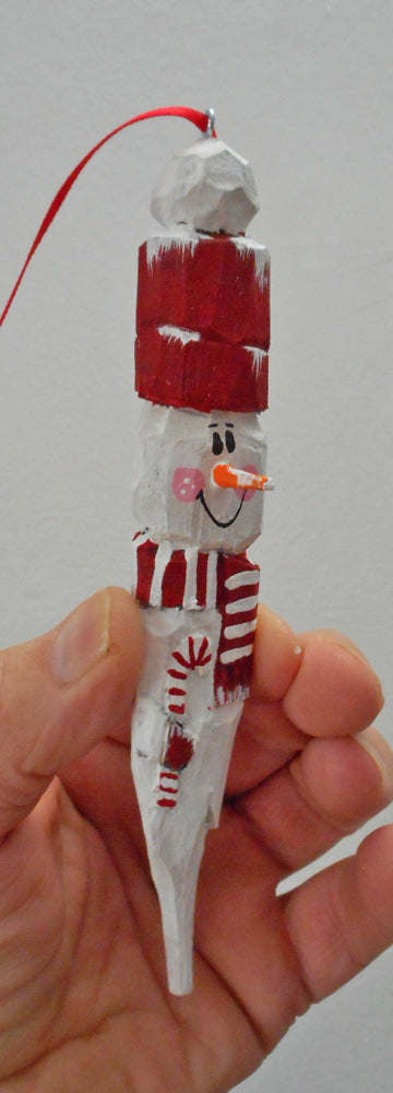 Wood Snowman Ornament with Candy Cane