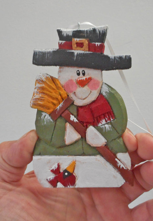 Wood snowman folk art ornament with cardinal