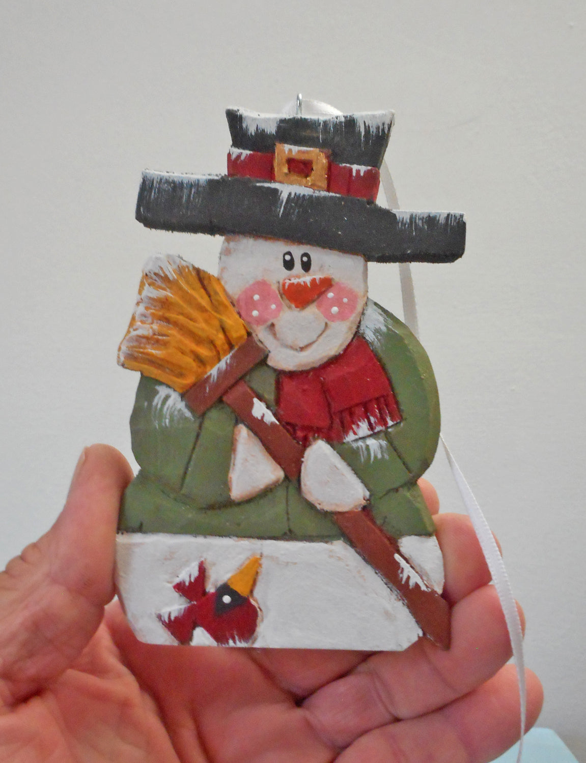 Wood snowman folk art ornament with cardinal