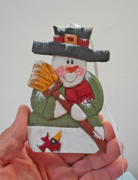 Wood snowman folk art ornament with cardinal