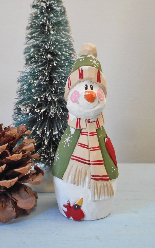 Wooden Snowman with heart and Cardinal decoration