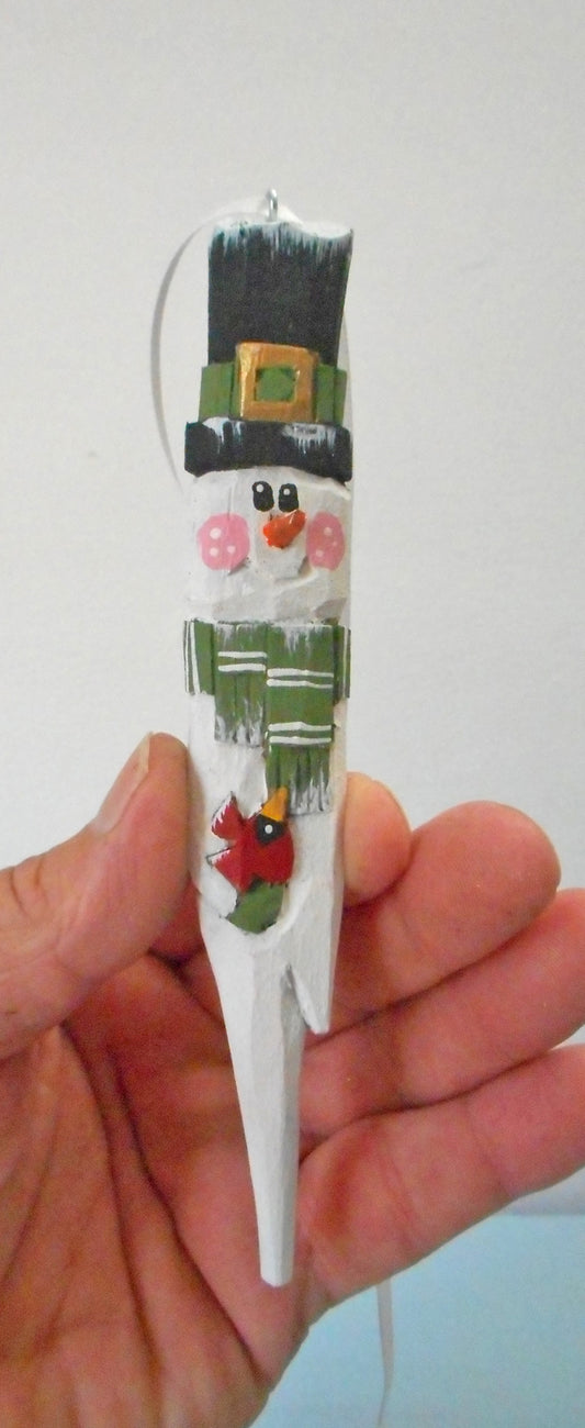 Hand Carved Snowman Folk Ornament with Cardinal