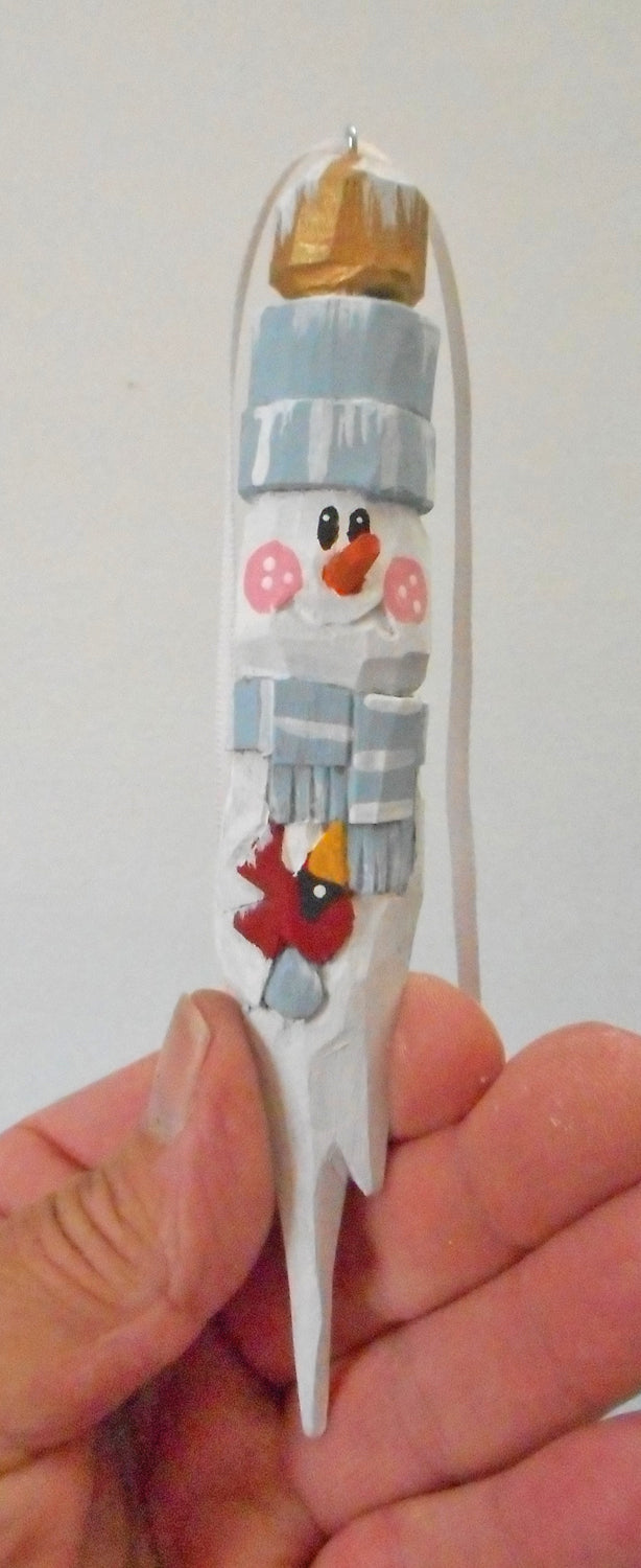 Wooden Snowman Ornament with Cardinal