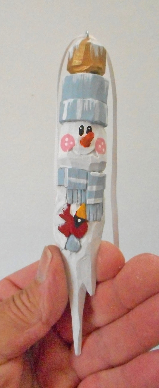 Wooden Snowman Ornament with Cardinal