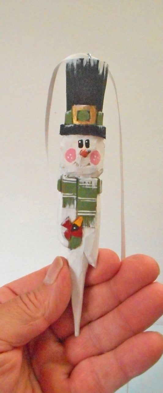 Hand Carved Snowman Folk Ornament with Cardinal