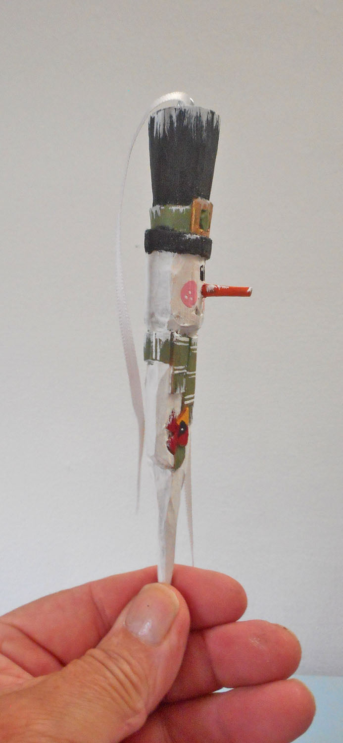 Hand Carved Snowman Folk Ornament with Cardinal