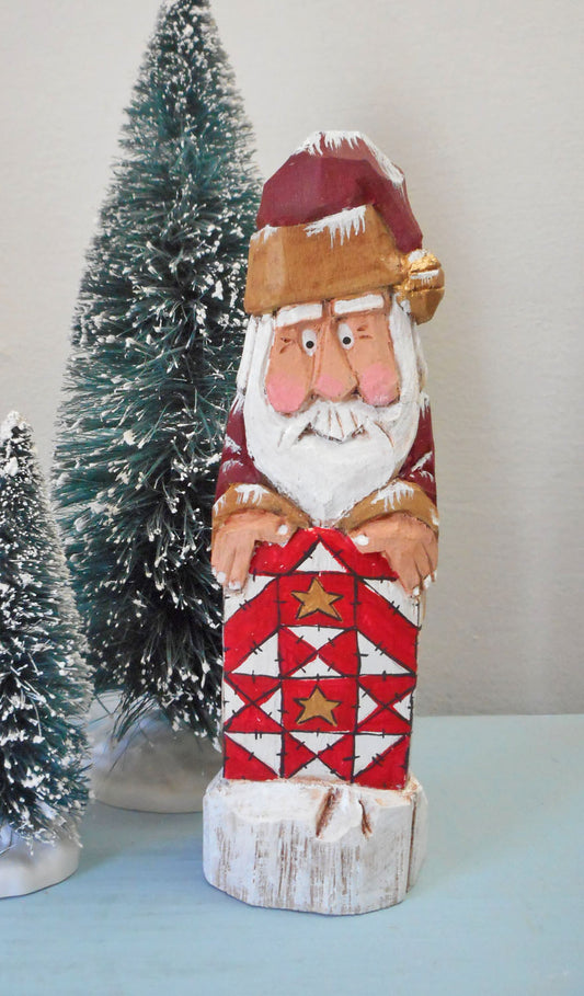Hand Carved Santa Claus with Barn Quilt