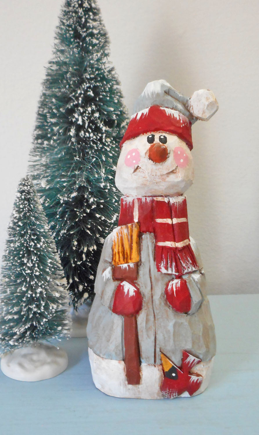 Wooden Snowman with heart and Cardinal decoration