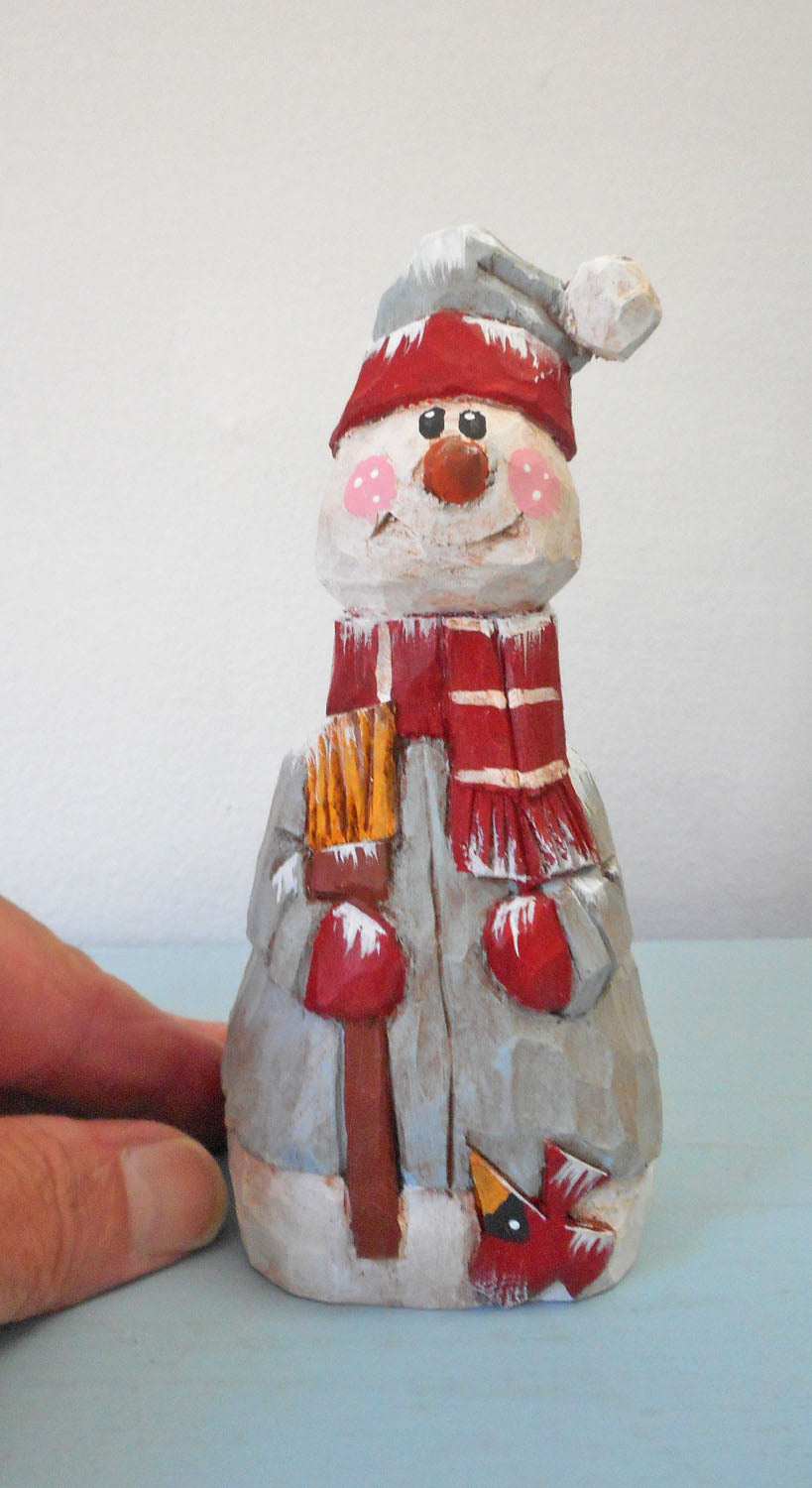Wooden Snowman with heart and Cardinal decoration