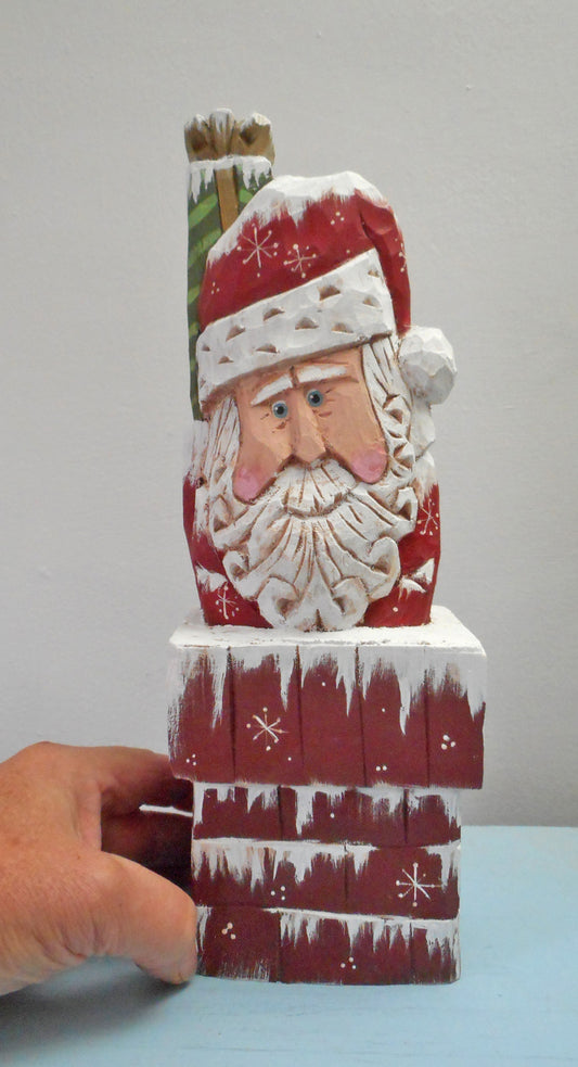 Wood Hand Carved Chimney Santa Claus