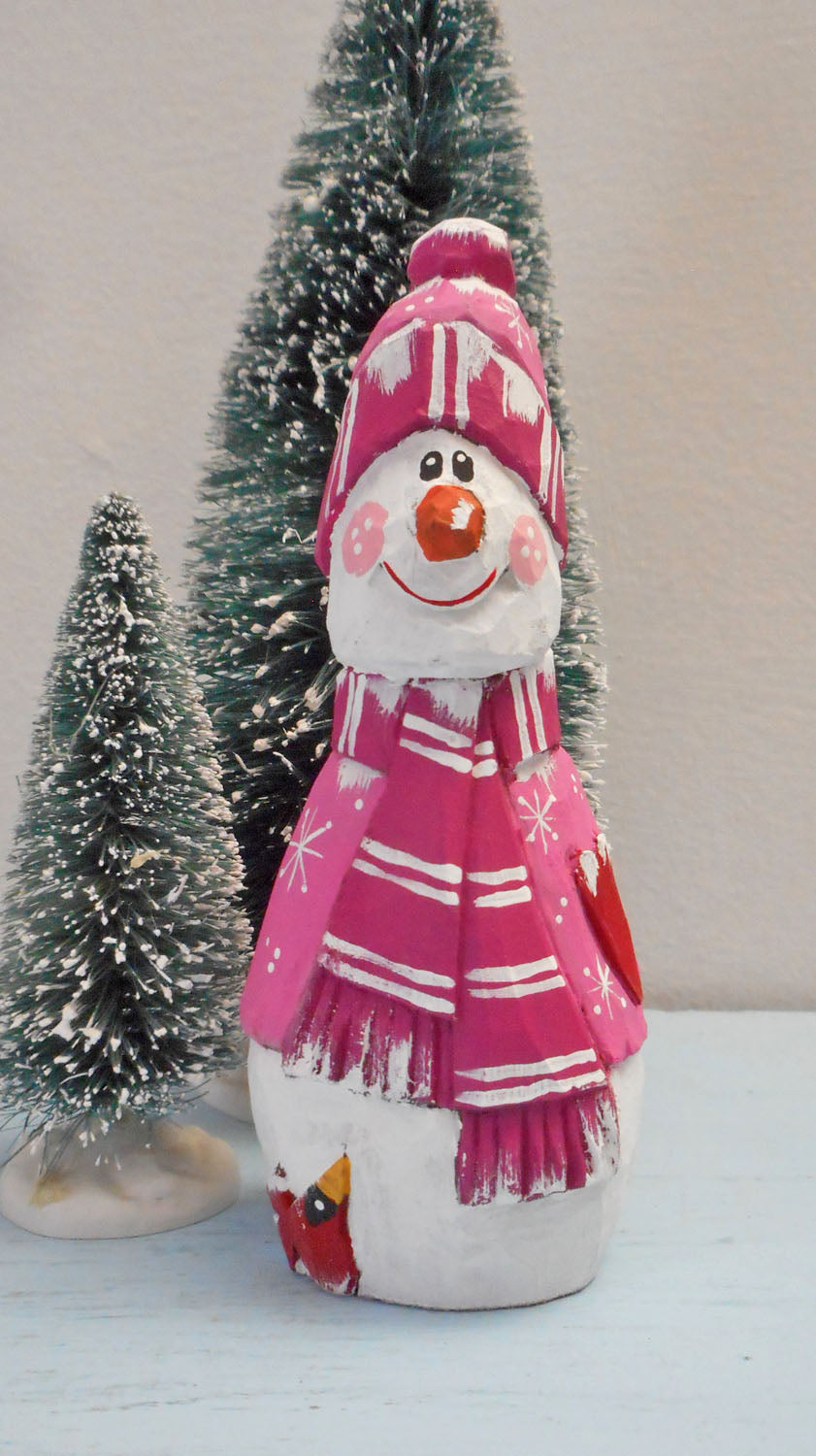 Wooden Snowman with heart and Cardinal decoration