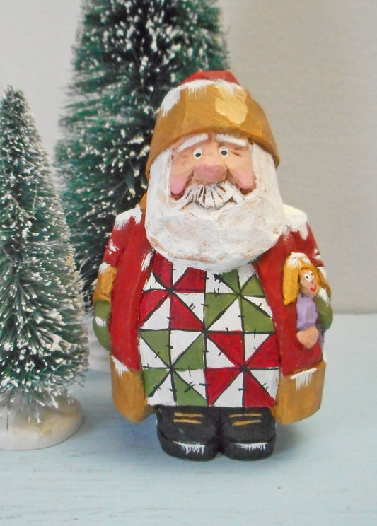 Wooden Chubby Quilt Santa Claus with doll