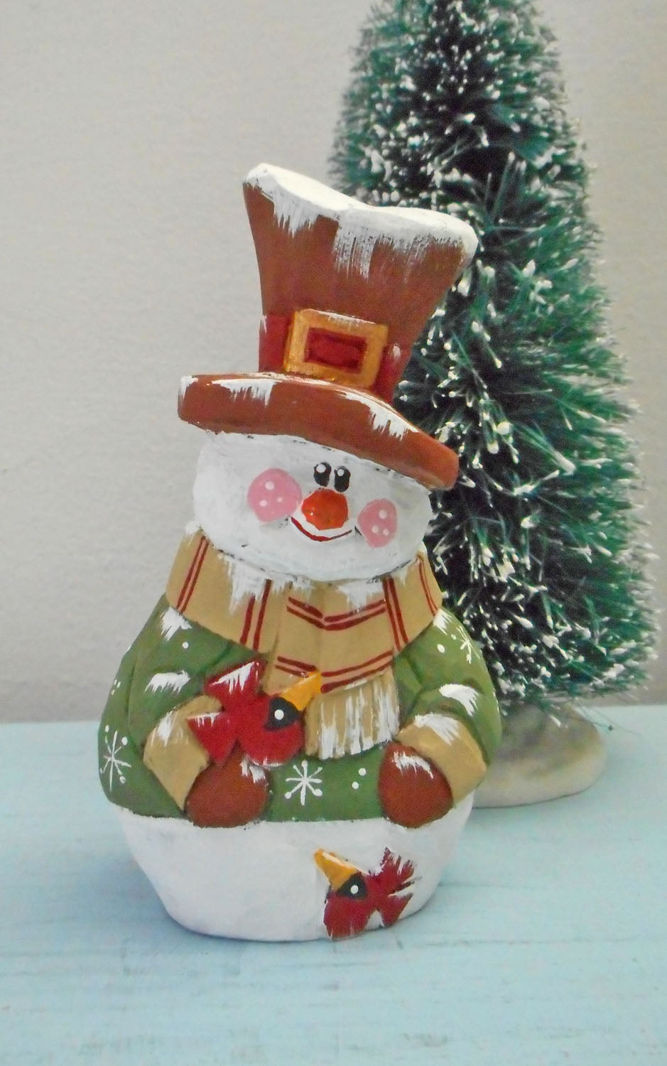 Wooden Folk Art Snowman with Cardinals