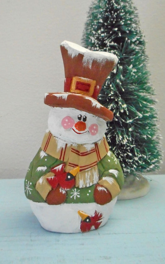 Wooden Folk Art Snowman with Cardinals