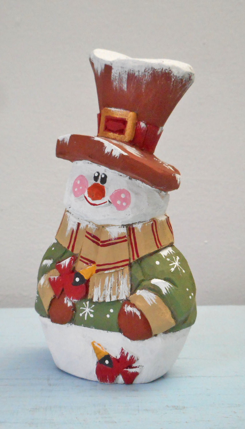 Wooden Folk Art Snowman with Cardinals