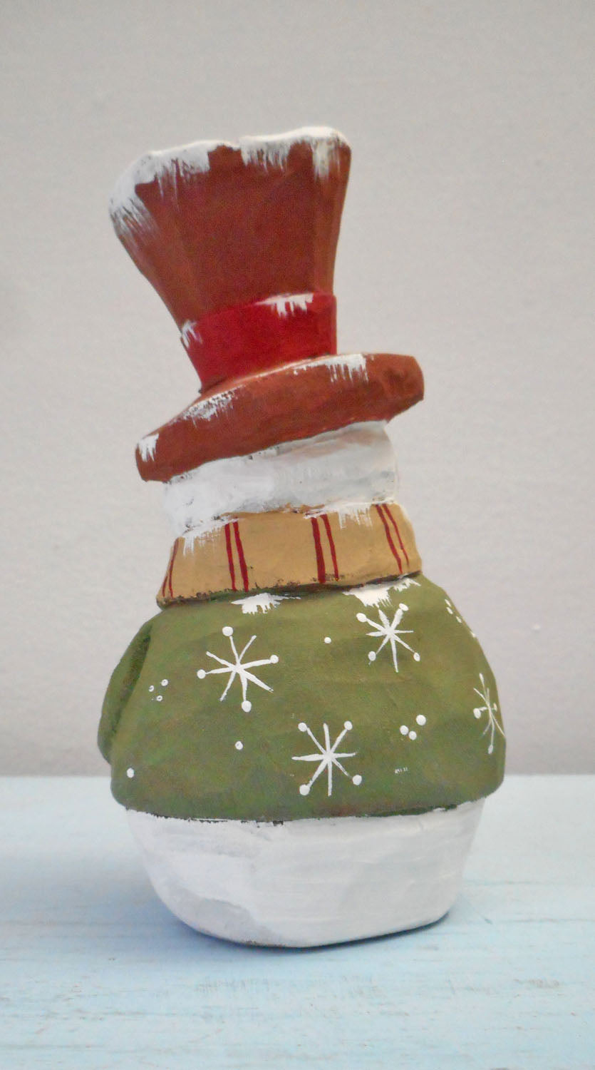 Wooden Folk Art Snowman with Cardinals