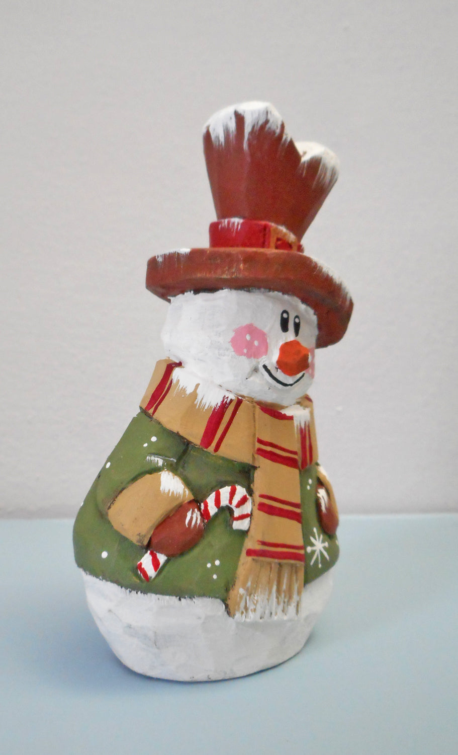 Wooden Folk Art Snowman with Candy cane