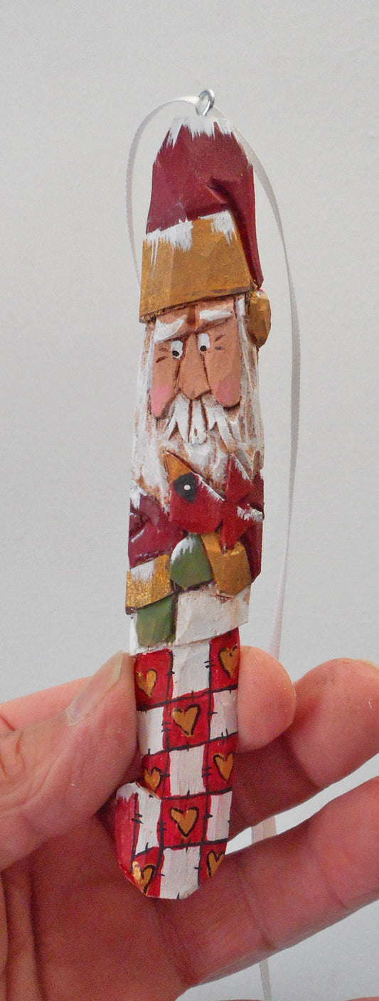 Hand Carved Santa Claus Ornament with Cardinal