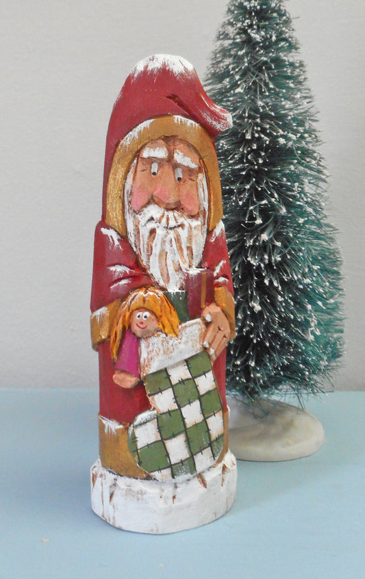 Santa Claus Wood Carving with Christmas Stocking
