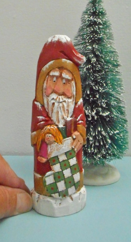 Santa Claus Wood Carving with Christmas Stocking