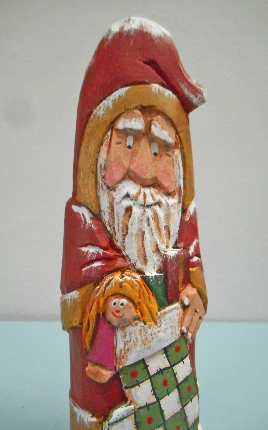 Santa Claus Wood Carving with Christmas Stocking