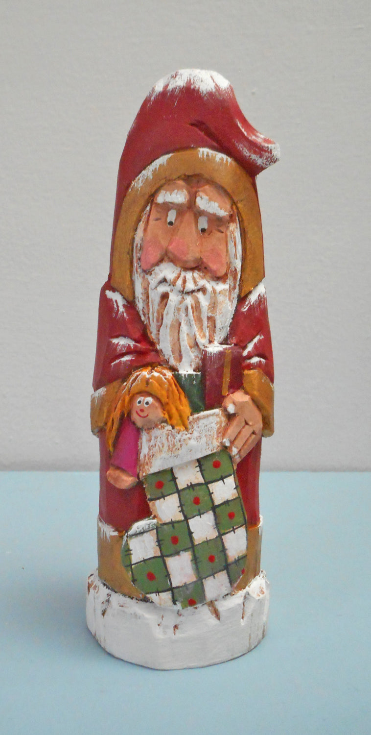 Santa Claus Wood Carving with Christmas Stocking