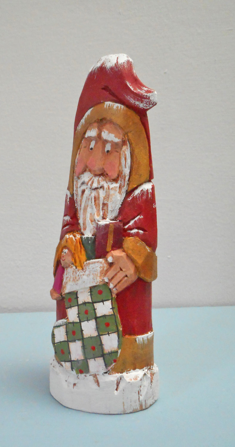 Santa Claus Wood Carving with Christmas Stocking