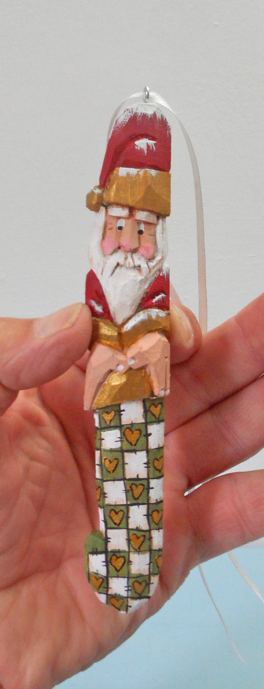 Wooden Santa in Christmas stocking Ornament