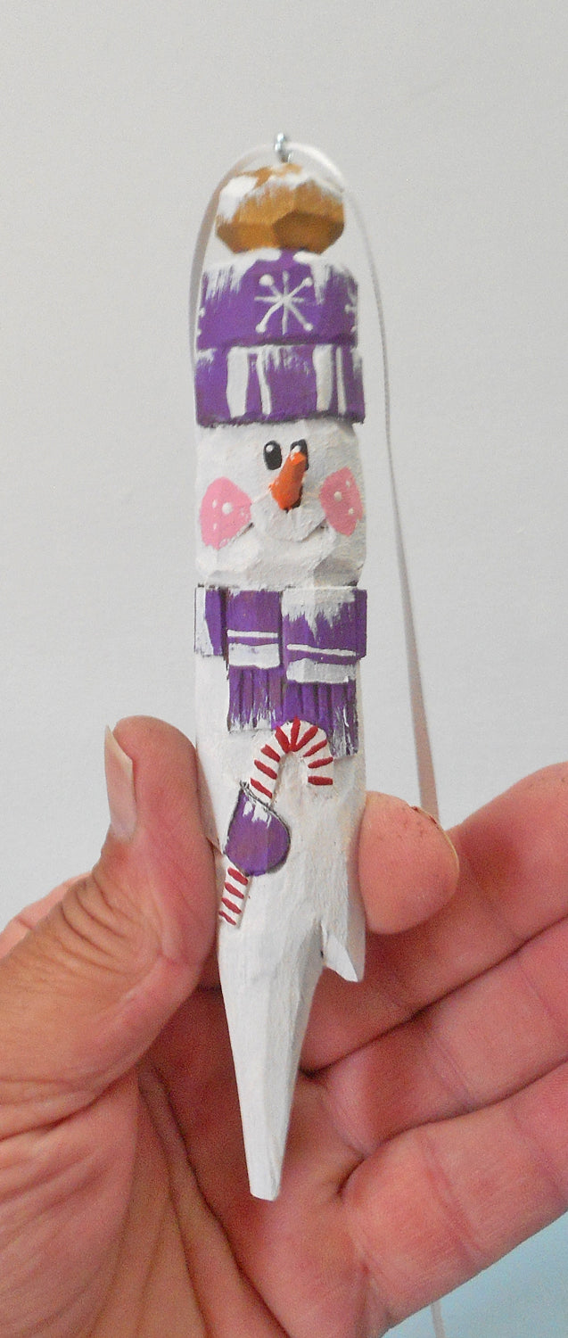 Wood Snowman Ornament with Candy Cane