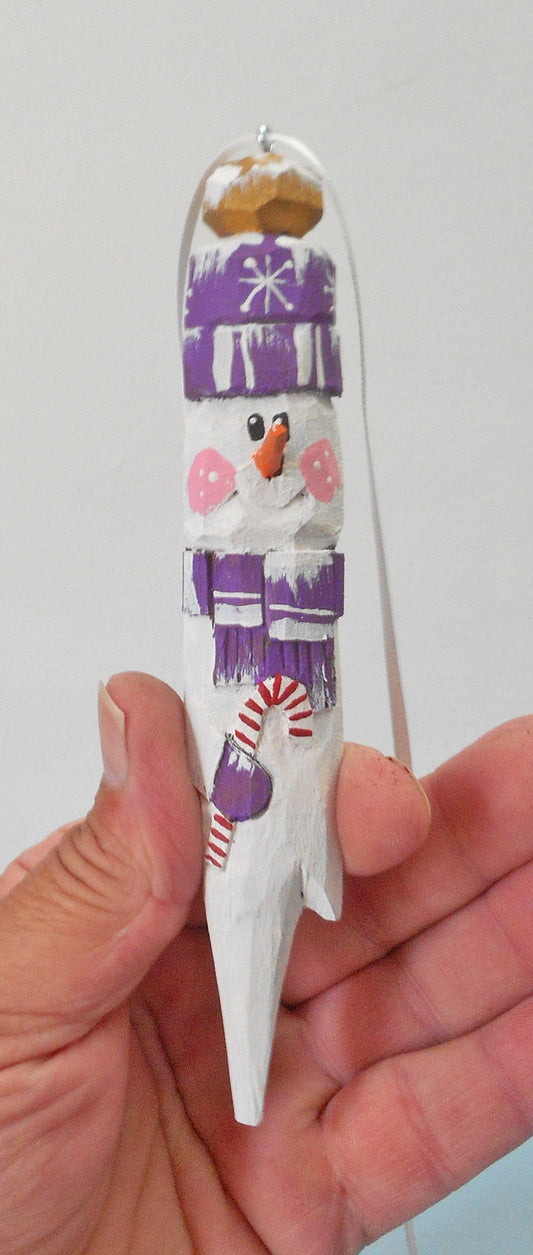 Wood Snowman Ornament with Candy Cane