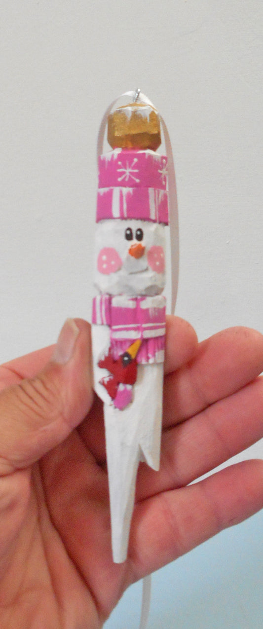Wooden Snowman Ornament with Cardinal