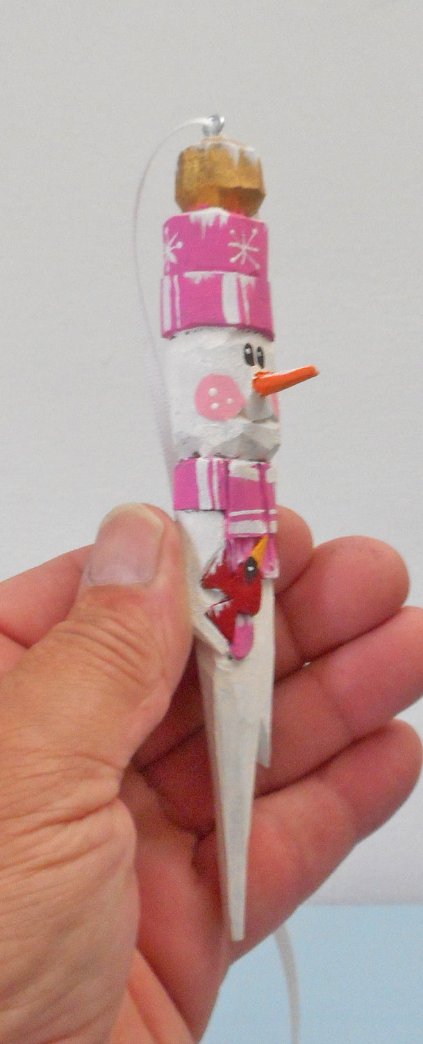 Wooden Snowman Ornament with Cardinal