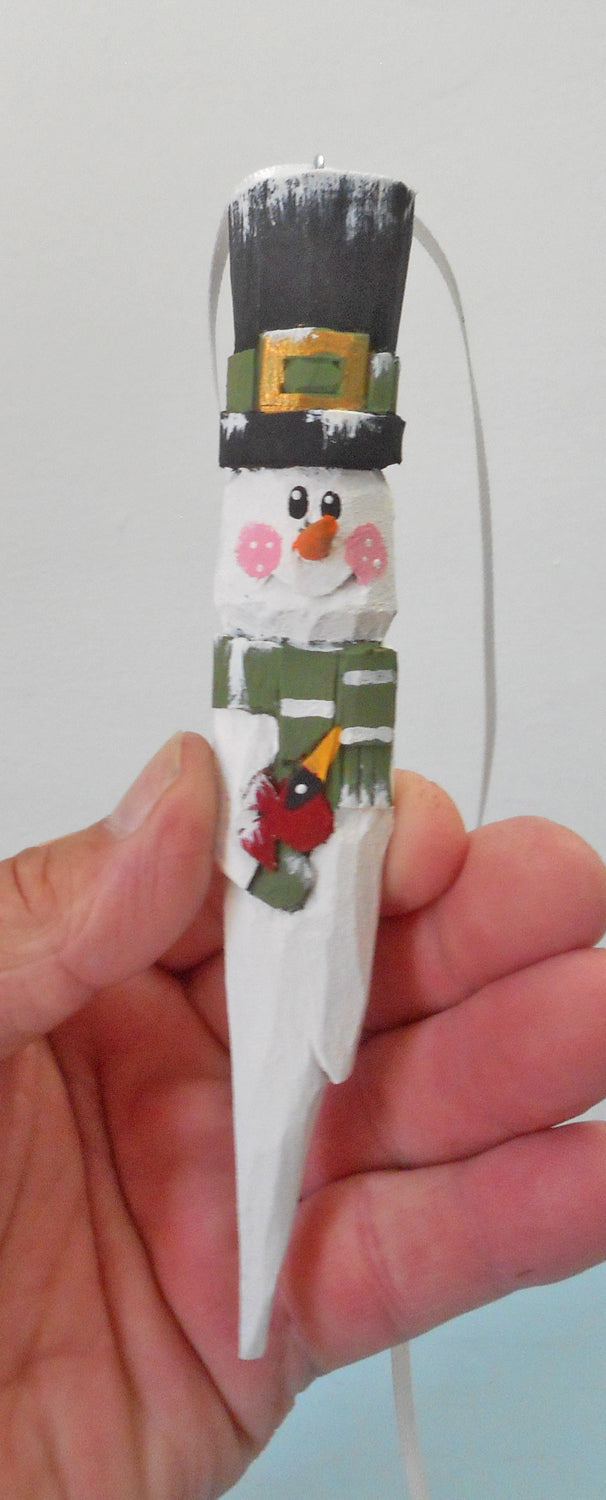 Hand Carved Snowman Folk Ornament with Cardinal