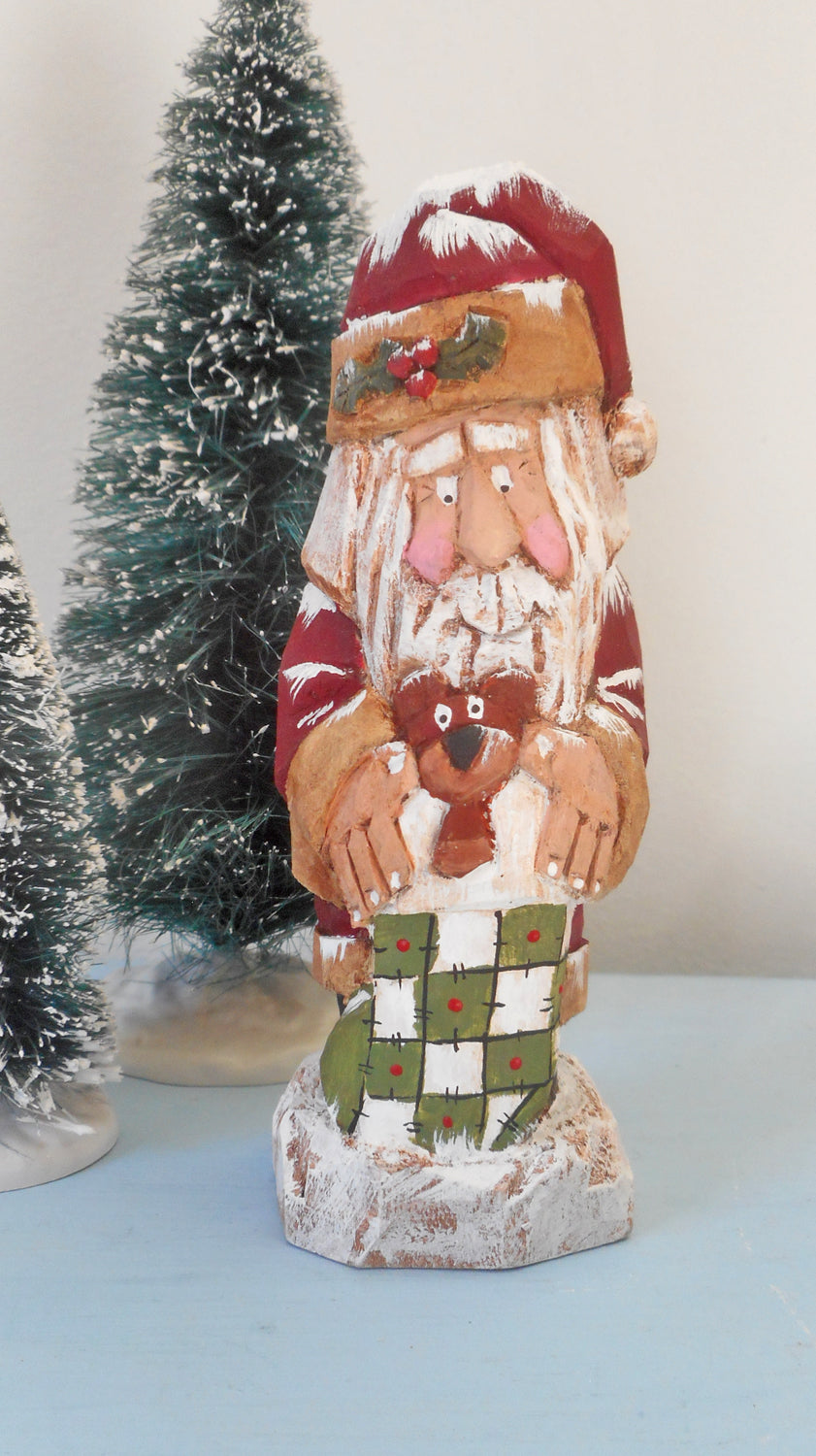 Santa Claus Wood Carving with Teddy Bear